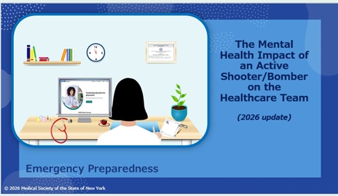 Image with cover slide and course title: Emergency Preparedness:  The Mental Health Impact of an Active Shooter/Bomber on the Healthcare Team (2026 Update) 