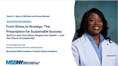 Photo is of title slide: From Stress to Strategy: The Prescription for Sustainable Success; There is also a picture of Dr. Pamela Buchanan, program author and presenter
